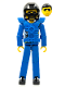 Minifig No: tech033a  Name: Technic Figure Blue Legs, Blue Top with Chest Plate, Black Hair, Black Helmet - without Stickers