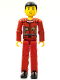 Minifig No: tech034  Name: Technic Figure Red Legs, Red Top with Technic Logo, Black Hair - Without Stickers
