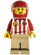 Minifig No: tls124  Name: Hamburger Soapbox Race Car Driver - Female, Red and White Striped Shirt, Tan Legs, Red Helmet, Trans-Clear Visor