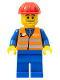 Minifig No: trn002  Name: Orange Vest with Safety Stripes - Blue Legs, Beard Stubble, Red Construction Helmet