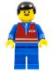 Minifig No: trn072  Name: Red Vest and Zipper - Blue Legs, Black Male Hair