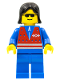 Minifig No: trn073  Name: Red Vest and Zipper - Blue Legs, Black Female Hair
