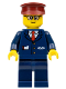 Minifig No: trn115a  Name: Dark Blue Suit with Train Logo, Dark Blue Legs, Dark Red Hat, Rounded Glasses - Tram Driver