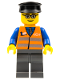 Minifig No: trn120  Name: Orange Vest with Safety Stripes - Dark Bluish Gray Legs, Glasses, Black Hat