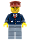 Minifig No: trn138  Name: Dark Blue Suit with Train Logo, Sand Blue Legs, Dark Red Hat - Conductor