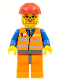 Minifig No: trn143  Name: Orange Vest with Safety Stripes - Orange Legs and Dark Bluish Gray Hips, Red Construction Helmet, Dark Bluish Gray Beard, Glasses