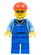 Minifig No: trn227  Name: Overalls with Tools in Pocket, Blue Legs, Red Short Bill Cap, Glasses with Brown Thin Eyebrows