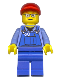 Minifig No: trn227a  Name: Overalls with Tools in Pocket, Blue Legs, Red Short Bill Cap, Glasses with Red Thin Eyebrows