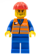 Minifig No: trn231  Name: Orange Vest with Safety Stripes - Blue Legs, Brown Eyebrows and Cheek Lines, Red Construction Helmet