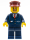 Minifig No: trn237  Name: Dark Blue Suit with Train Logo, Dark Blue Legs, Dark Red Hat, Brown Moustache and Goatee