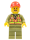 Minifig No: trn244  Name: Train Driver - Orange Safety Vest with Lime Straps, Olive Green Legs, Red Cap with Hole, Beard Dark Tan Angular