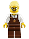 Minifig No: trn249  Name: Barista - Female, Reddish Brown Apron with Cup and Name Tag, Reddish Brown Legs, Bright Light Yellow Hair, Glasses