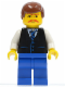 Minifig No: twn033  Name: Black Vest with Blue Striped Tie, Blue Legs, White Arms, Reddish Brown Male Hair, Moustache