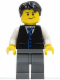 Minifig No: twn049  Name: Black Vest with Blue Striped Tie, Dark Bluish Gray Legs, White Arms, Black Short Tousled Hair