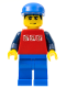 Minifig No: twn084  Name: Red Shirt with 3 Silver Logos, Dark Blue Arms, Blue Legs, Blue Cap