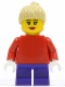 Minifig No: twn090a  Name: Plain Red Torso with Red Arms, Dark Purple Short Legs, Tan Female Ponytail Hair, Black Eyebrows