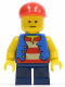 Minifig No: twn105  Name: Vest over Red and White Striped Shirt, Dark Blue Short Legs, Red Short Bill Cap