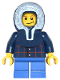 Minifig No: twn125  Name: Plaid Button Shirt, Blue Short Legs, Dark Blue Hood, Lopsided Smile with Dimple