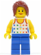 Minifig No: twn128  Name: Shirt with Female Rainbow Stars Pattern, Blue Legs, Dark Red Hair Ponytail Long with Side Bangs