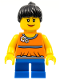Minifig No: twn142  Name: Orange Halter Top with Medium Blue Trim and Flowers Pattern, Blue Short Legs, Black Ponytail Hair