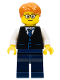 Minifig No: twn211a  Name: Black Vest with Blue Striped Tie, Dark Blue Legs, White Arms, Dark Orange Short Tousled Hair, Rounded Glasses