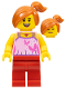 Minifig No: twn233  Name: Child - Bright Pink Top with Butterflies and Flowers, Red Legs, Off-center Ponytail