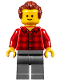 Minifig No: twn274  Name: Music Store Assistant - Male, Red Plaid Flannel Shirt, Dark Bluish Gray Legs, Reddish Brown Hair