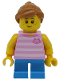 Minifig No: twn293  Name: Child - Girl, Bright Pink Striped Shirt with Cat Head, Dark Azure Short Legs, Medium Nougat Ponytail, Freckles