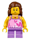 Minifig No: twn297  Name: Girl - Bright Pink Top with Butterflies and Flowers, Medium Lavender Short Legs, Reddish Brown Female Hair Mid-Length