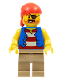 Minifig No: twn332  Name: Pirate Man, Striped Red and White Shirt Under Blue Vest, Red Bandana, Left Eye Patch and 3 Gold Teeth, Dark Tan Legs