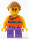 Minifig No: twn337  Name: Child - Girl, Orange Top, Medium Lavender Short Legs, Medium Nougat Ponytail Hair, Glasses, Freckles