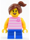 Minifig No: twn338  Name: Child - Girl, Bright Pink Striped Shirt with Cat Head, Blue Short Legs, Reddish Off-center Ponytail, Freckles