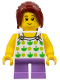 Minifig No: twn343  Name: Child - Girl, White Halter Top with Green Apples and Lime Spots, Medium Lavender Short Legs, Dark Red Ponytail, Freckles