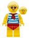 Minifig No: twn352  Name: Female with Blond Hair, Medium Lavender Sunglasses, Red Scarf, Blue Striped Shirt, Red Swimsuit (Ludo Yellow)