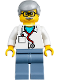 Minifig No: twn357  Name: Veterinarian Dr. Jones with Light Bluish Gray Hair, Glasses, Red Stethoscope and Sand Blue Legs