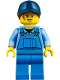 Minifig No: twn358  Name: Mechanic - Female, Blue Overalls over Medium Blue Shirt, Blue Legs, Dark Blue Cap with Dark Orange Ponytail, No Back Print