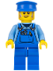 Minifig No: twn361a  Name: Mechanic - Male, Blue Overalls over Medium Blue Shirt, Blue Legs, Blue Police Hat, Dark Tan Moustache and Sideburns, Back Print