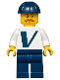 Minifig No: twn366  Name: Male with Vestas Logo on Torso, Dark Blue Legs, Dark Blue Construction Helmet, Moustache
