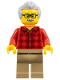 Minifig No: twn368  Name: Grandfather, Red Plaid Flannel Shirt, Dark Tan Legs, Light Bluish Gray Hair