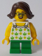 Minifig No: twn370  Name: Child - Girl, White Halter Top with Green Apples and Lime Spots, Green Short Legs, Dark Brown Hair, Glasses