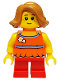 Minifig No: twn376a  Name: Child - Girl, Orange Halter Top with Flowers and High Back, Red Short Legs, Medium Nougat Hair, Freckles