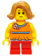 Minifig No: twn376b  Name: Child - Girl, Orange Halter Top with Flowers and Low Back, Red Short Legs, Medium Nougat Hair, Freckles