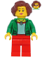 Minifig No: twn399  Name: Female with Green Jacket, Red Legs, Reddish Brown Hair