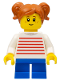 Minifig No: twn427  Name: Child - Girl, White Sweater with Red Horizontal Stripes, Blue Short Legs, Dark Orange Hair with Pigtails, Freckles