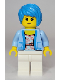Minifig No: twn437  Name: Woman - Bright Light Blue Jacket over White Shirt with Coral Flowers, White Legs, Dark Azure Tousled Hair