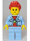 Minifig No: twn440  Name: Woman, Bright Light Blue Denim Jacket, Bright Light Blue Legs, Red Spiked Hair