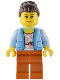 Minifig No: twn454  Name: Club Owner / Manager - Female, Bright Light Blue Jacket over White Shirt with Coral Flowers, Dark Orange Legs, Dark Brown Hair with Bun