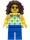 Minifig No: twn462  Name: Beach Tourist - Female, White Halter Top with Green Apples and Lime Spots, Blue Legs, Dark Brown Long Tousled Hair, Sunglasses