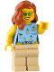 Minifig No: twn468  Name: Land Rover Classic Defender Driver - Female, Bright Light Blue Knotted Top with Pineapples, Tan Legs, Dark Orange Hair, Green Glasses