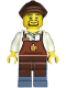 Minifig No: twn473  Name: Barista - Male, Reddish Brown Apron with Cup and Name Tag, Sand Blue Legs, Reddish Brown Flat Cap, Hearing Aid